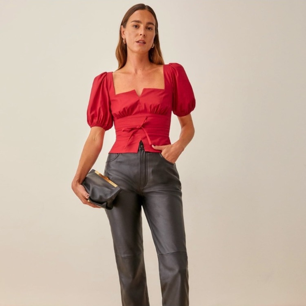 Reformation Designer Romantic Red Fiske Boho Puff Sleeve Victorian Stretch Top